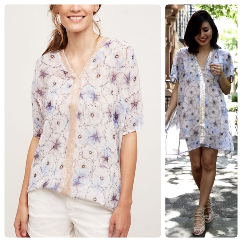 Anthropologie Sheer Floral-Print Tunic in White and Lavender